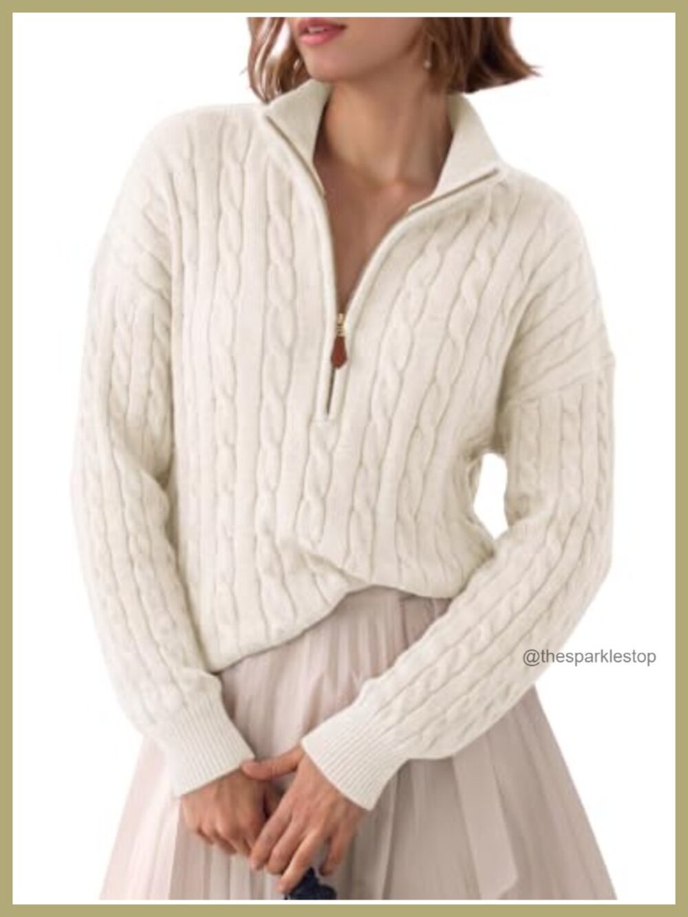Quarter Zip Ribbed Cable Knit Pullover Sweater Mock Neck V-Neck